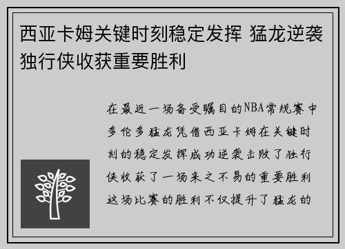 西亚卡姆关键时刻稳定发挥 猛龙逆袭独行侠收获重要胜利