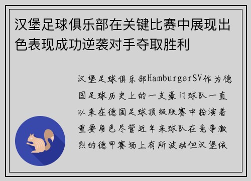 汉堡足球俱乐部在关键比赛中展现出色表现成功逆袭对手夺取胜利