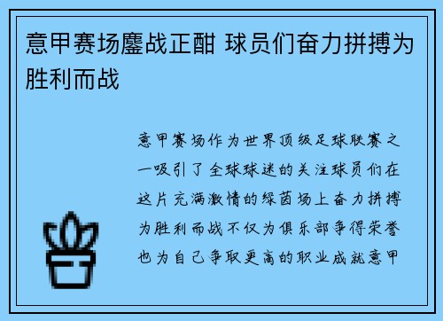 意甲赛场鏖战正酣 球员们奋力拼搏为胜利而战