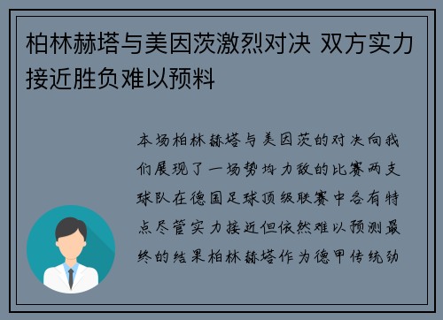 柏林赫塔与美因茨激烈对决 双方实力接近胜负难以预料