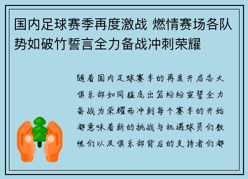 国内足球赛季再度激战 燃情赛场各队势如破竹誓言全力备战冲刺荣耀